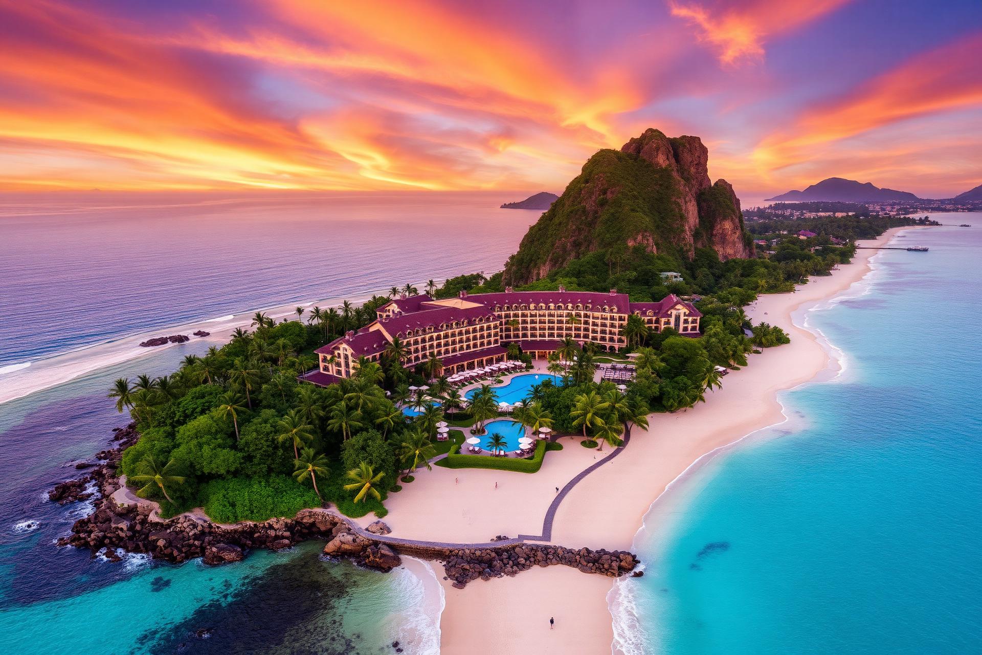 Tropical beach resort at sunset