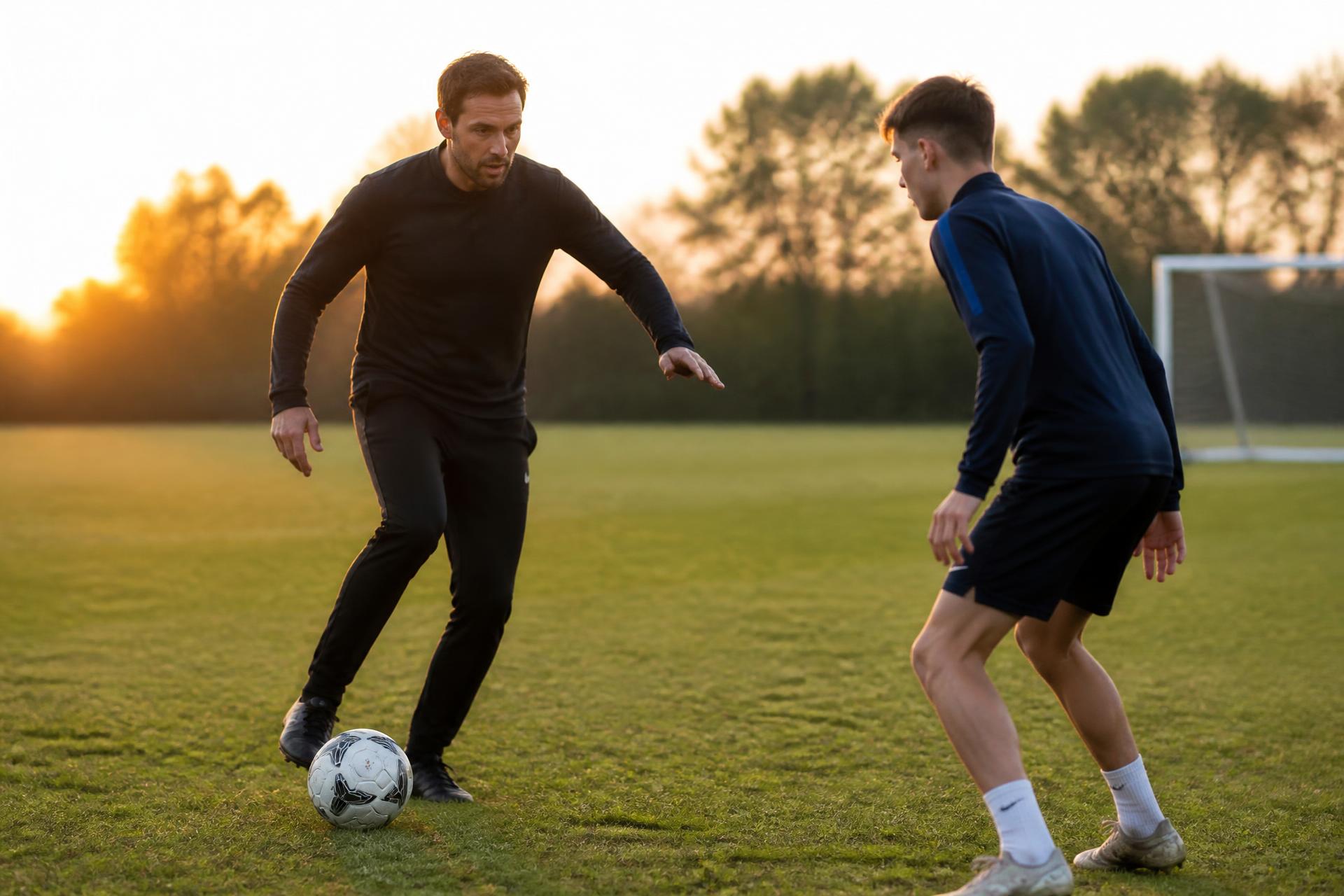 Coach working with a young footballer on a floodlit pitch